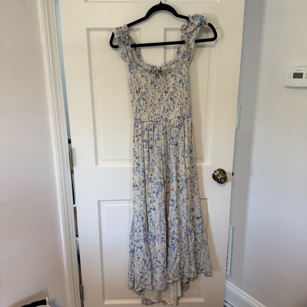 American Eagle Blue Floral Flutter Sleeve Smocked Open-Back Midi Dress